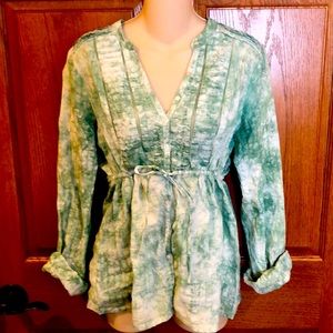 Calvin Klein Green/Cream Blouse, Tie Waist, EUC, M